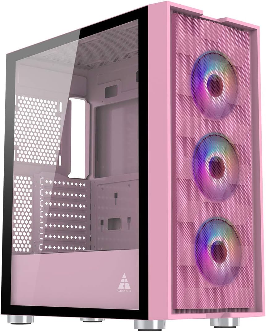 Pink Mid Tower Computer Case with Tempered Glass Side Panel Y3343